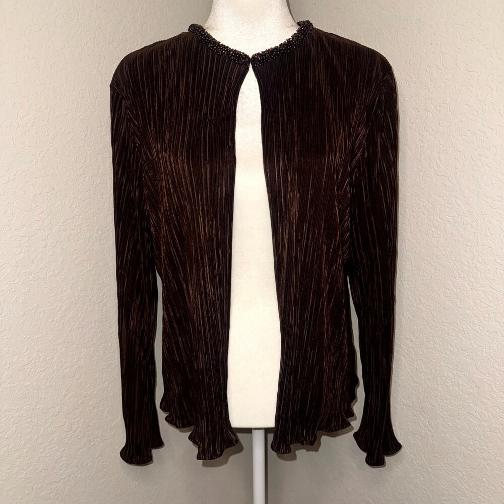 Cachet Blouse Top Womens 16 Brown Beaded Neckline Accordion Pleated Cottage Core